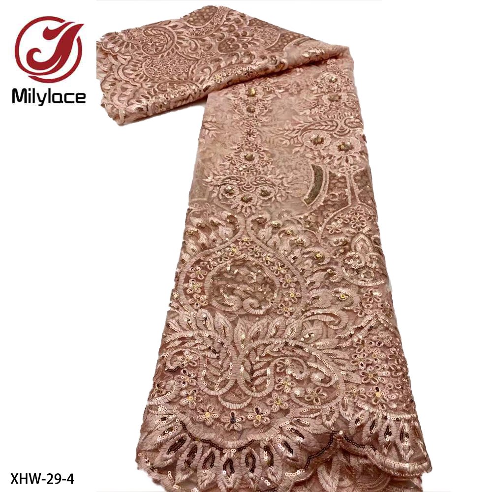 Luxury Embroidery Gold Sequins High Quality Red African Tulle Mesh Nigerian Lace Fabric for Dress