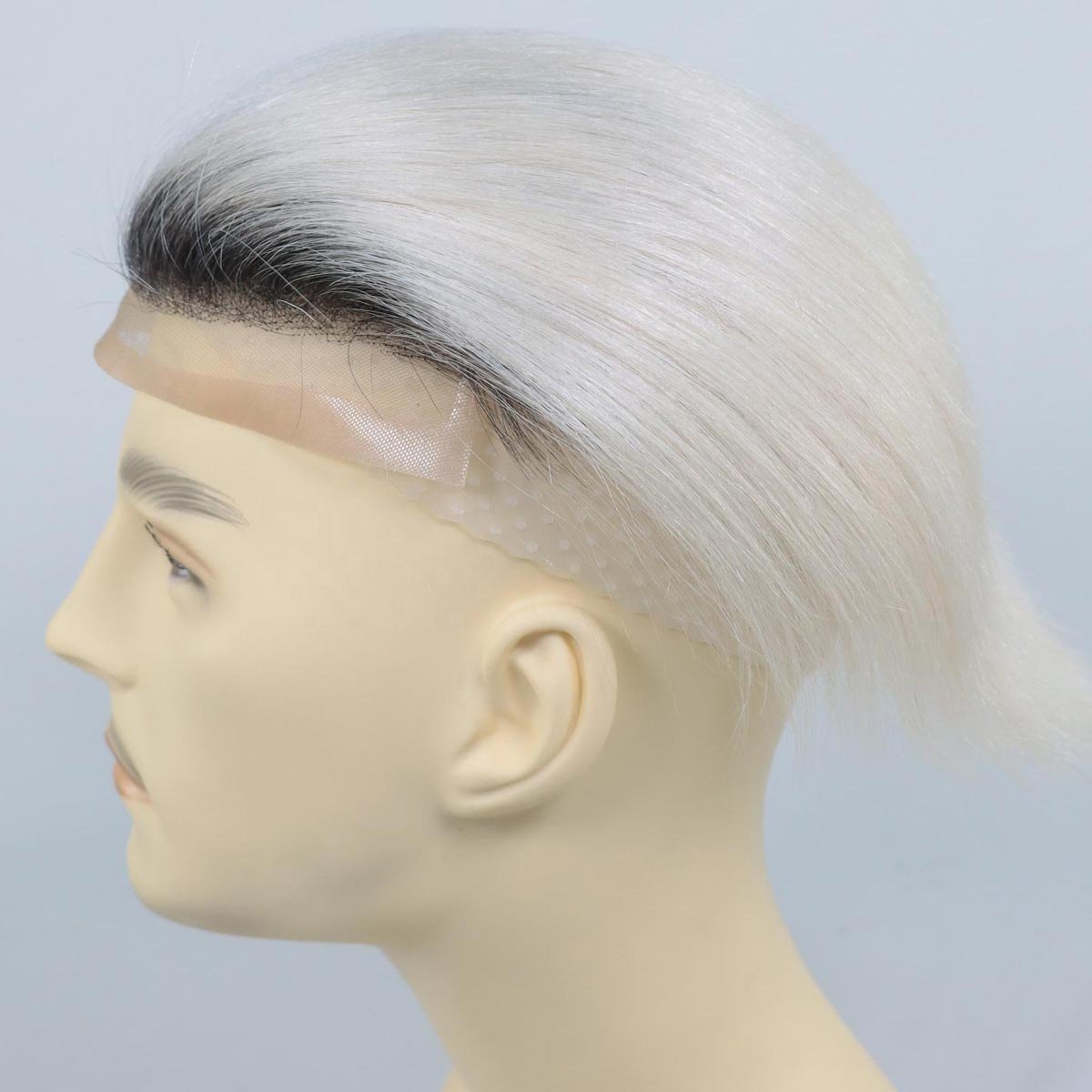 Mens Hair Replacement System 1B Off Black Roots Ombre #60 Platinum Blonde Color Thin Skin French Lace Toupee For Men Human Hair