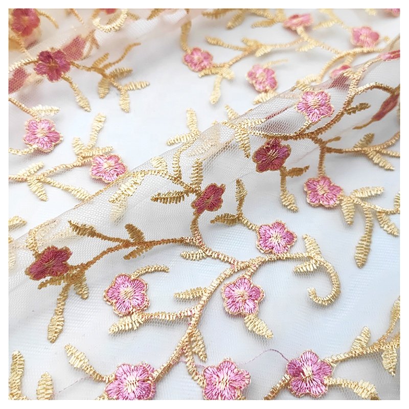 Indian Luxury Embroidered Floral Mesh Lace Fabric Tulle Embroidery Fabric for Women