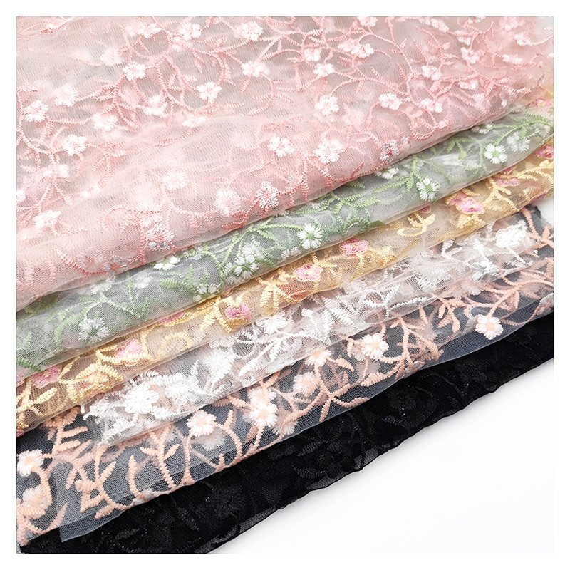 Indian Luxury Embroidered Floral Mesh Lace Fabric Tulle Embroidery Fabric for Women
