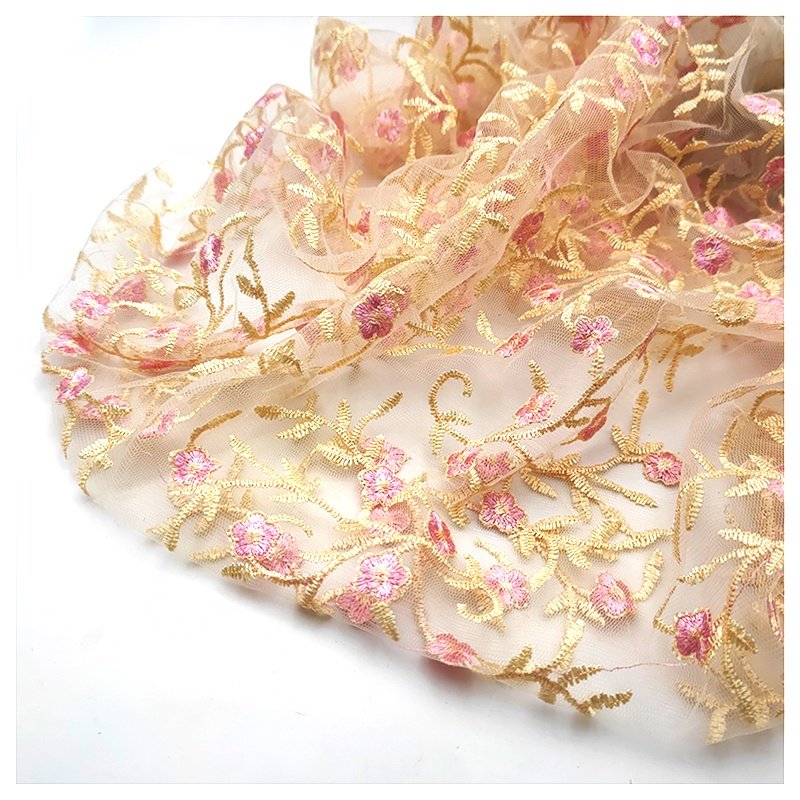 Indian Luxury Embroidered Floral Mesh Lace Fabric Tulle Embroidery Fabric for Women
