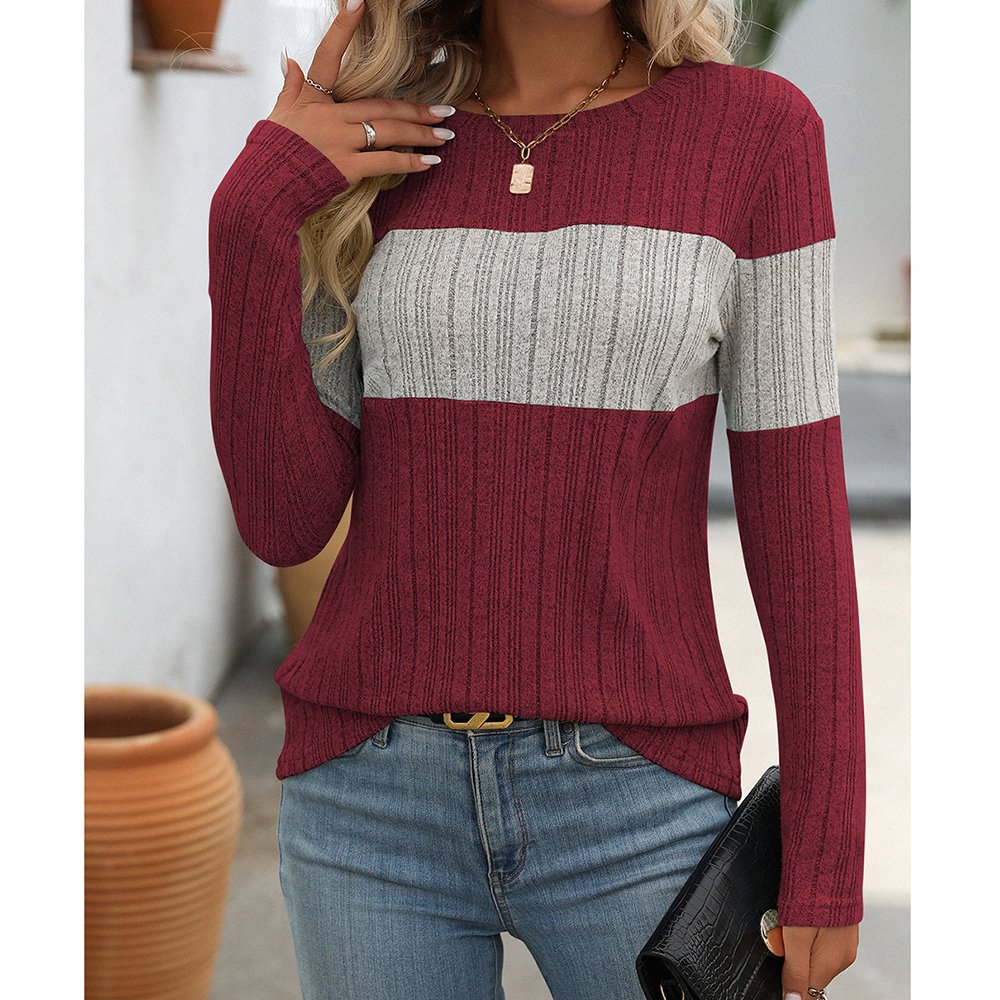 Wholesale Clothes Customized Women Round Neck Fall Ribbed Long Sleeve Colorblock Top