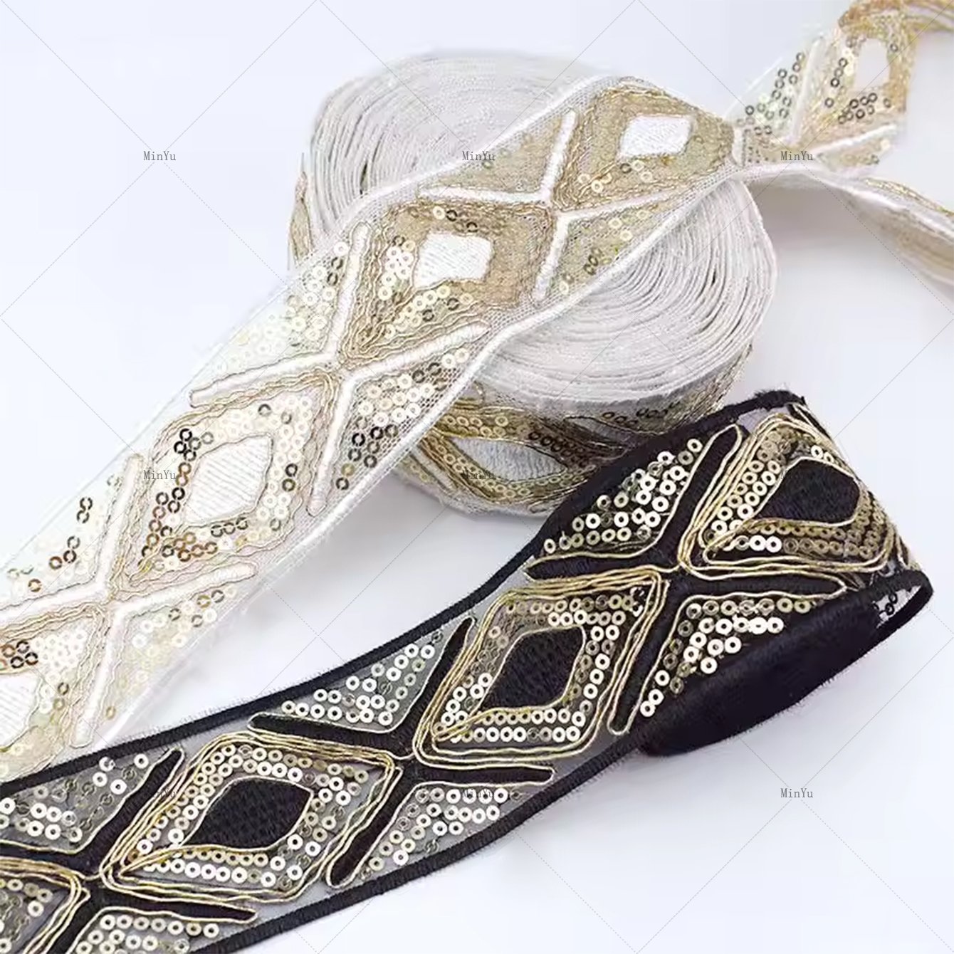 Width 5cm Lace Trimming Sequins Polyester Fabric lace Ethnic Style Decorative Band For Women's Dresses And Evening Wedding Dress