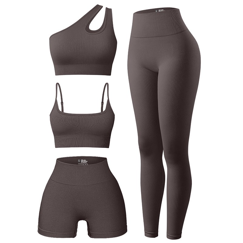 Women's 4 Piece Knitted Rib Fabric Adjustable Sports Bra One Shoulder Sports Bra High Waist Shorts Leggings Workout Set