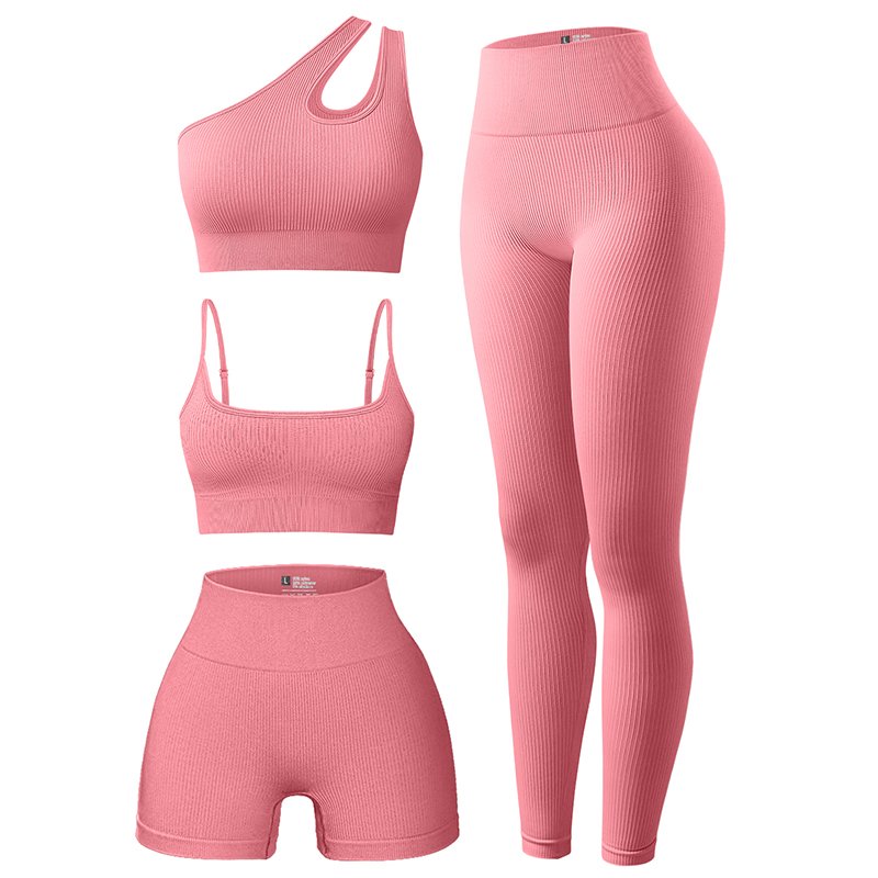 Women's 4 Piece Knitted Rib Fabric Adjustable Sports Bra One Shoulder Sports Bra High Waist Shorts Leggings Workout Set