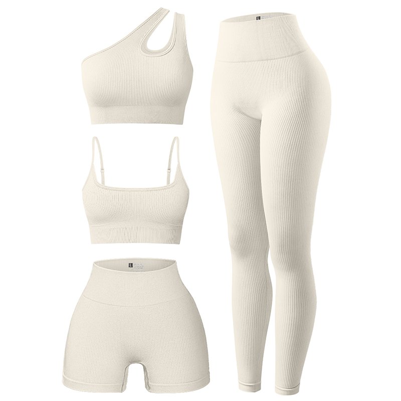Women's 4 Piece Knitted Rib Fabric Adjustable Sports Bra One Shoulder Sports Bra High Waist Shorts Leggings Workout Set