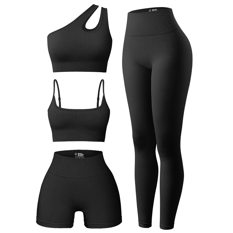 Women's 4 Piece Knitted Rib Fabric Adjustable Sports Bra One Shoulder Sports Bra High Waist Shorts Leggings Workout Set