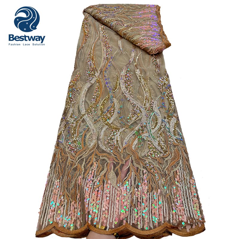 African Sequins Lace Fabric Gold French Lace Fabric Embroidery Tulle Lace Fabric For Wedding