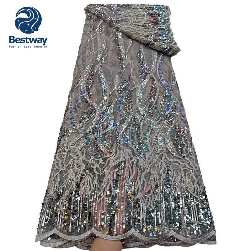 African Sequins Lace Fabric Gold French Lace Fabric Embroidery Tulle Lace Fabric For Wedding