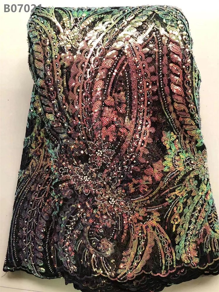 High Quality African Lace Fabric Glitter Lace Beaded Embroidery Fabric for Evening