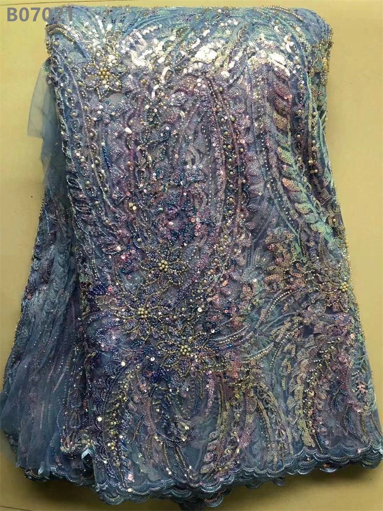 High Quality African Lace Fabric Glitter Lace Beaded Embroidery Fabric for Evening