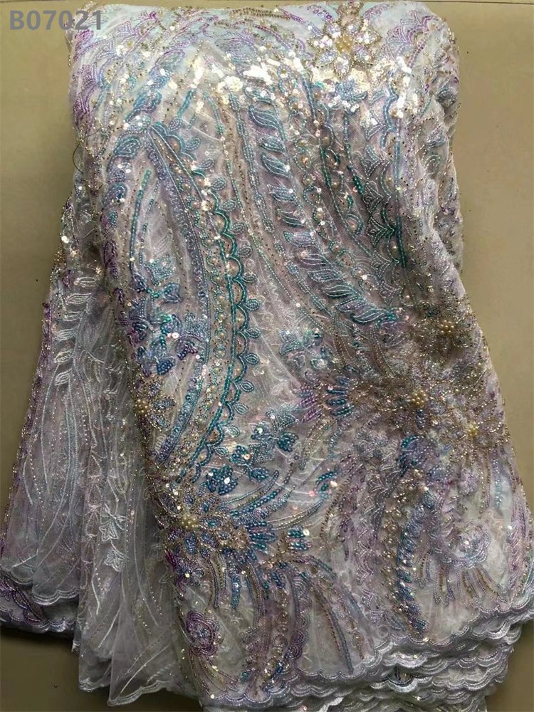 High Quality African Lace Fabric Glitter Lace Beaded Embroidery Fabric for Evening