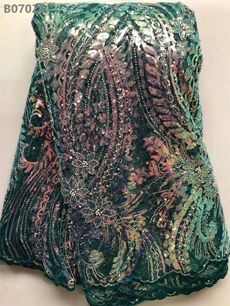 High Quality African Lace Fabric Glitter Lace Beaded Embroidery Fabric for Evening
