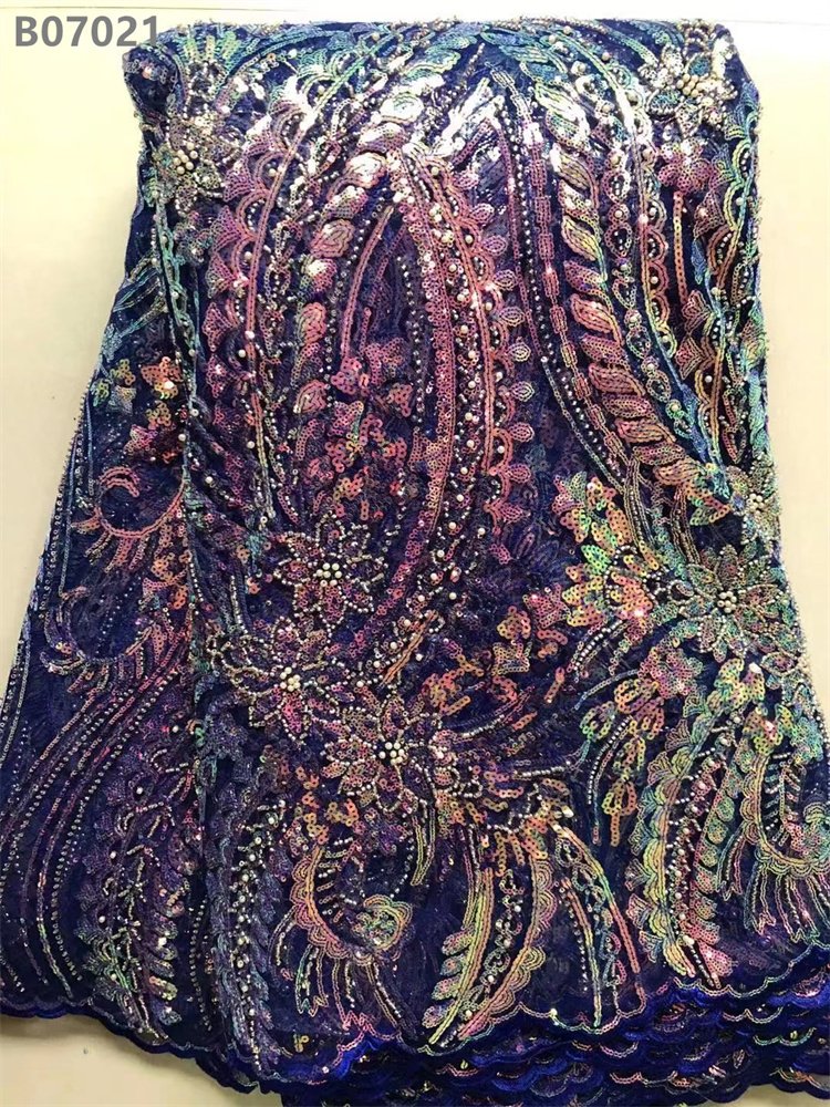 High Quality African Lace Fabric Glitter Lace Beaded Embroidery Fabric for Evening