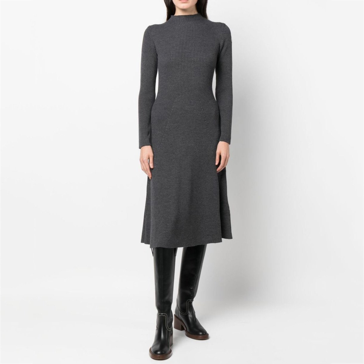 knitwear manufacturers custom dark grey rib Knit Dress midi Wool thick Knit Dress mock neck fall sweater dress women clothing