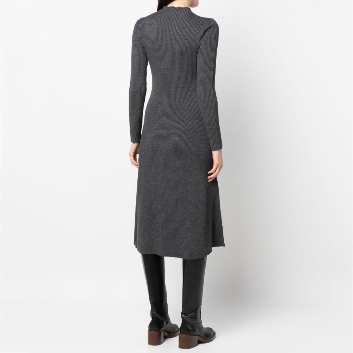knitwear manufacturers custom dark grey rib Knit Dress midi Wool thick Knit Dress mock neck fall sweater dress women clothing