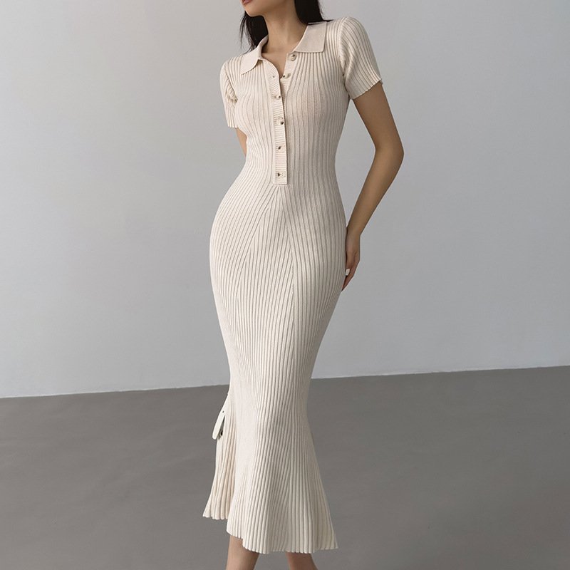 Custom 100% Cotton Ladies Short Sleeve Button Up Dresses Knitting Women Ribbed-Knit Cotton Maxi Polo Dresses