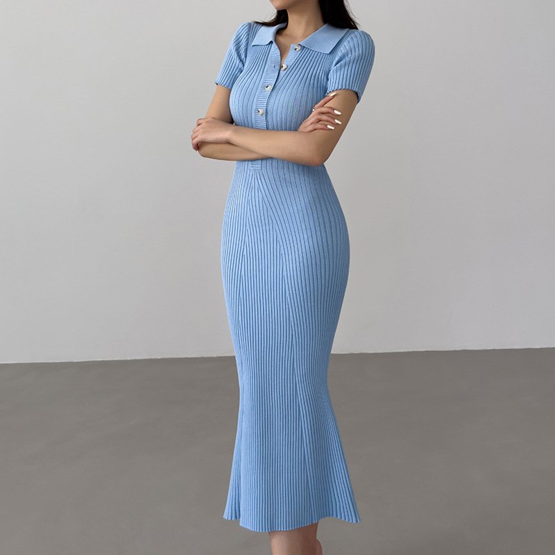 Custom 100% Cotton Ladies Short Sleeve Button Up Dresses Knitting Women Ribbed-Knit Cotton Maxi Polo Dresses