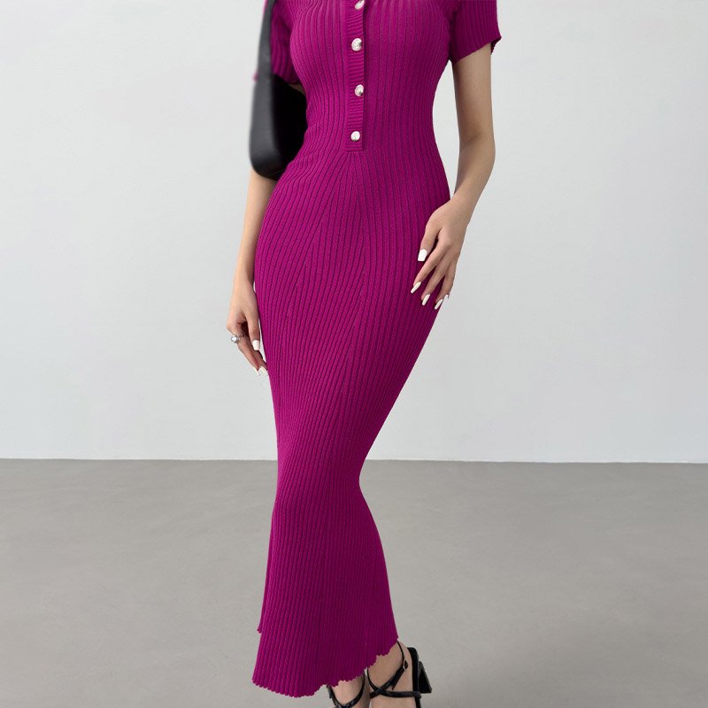 Custom 100% Cotton Ladies Short Sleeve Button Up Dresses Knitting Women Ribbed-Knit Cotton Maxi Polo Dresses