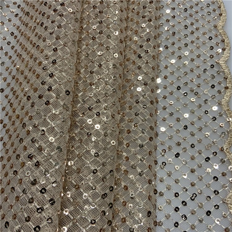 Cheap 3mm sequin 3 laminated full width grid embroidery gold sequin net mesh embroidery fabric for clothing
