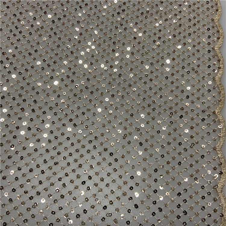 Cheap 3mm sequin 3 laminated full width grid embroidery gold sequin net mesh embroidery fabric for clothing