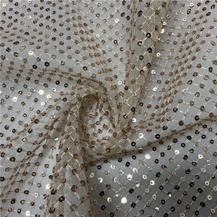 Cheap 3mm sequin 3 laminated full width grid embroidery gold sequin net mesh embroidery fabric for clothing