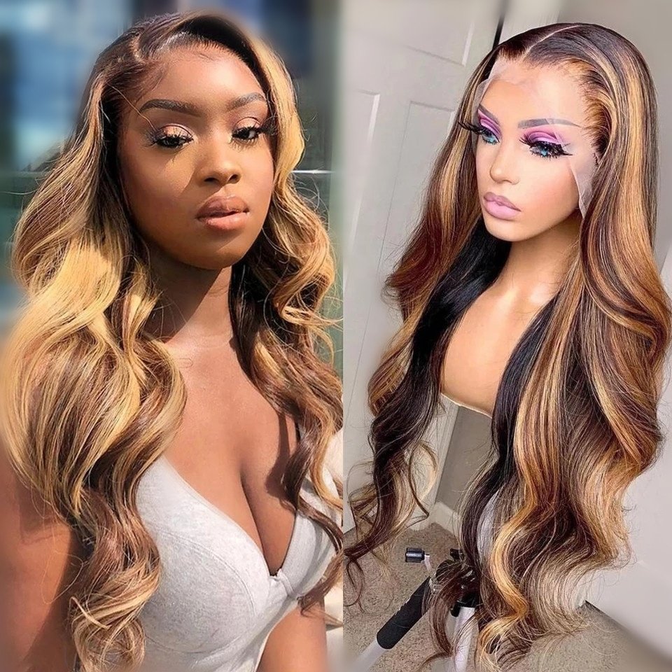 Highlight Human Hair 13x4 Body Wave Lace Front Wig 4x4 Wig for Black Women with Highlight Ombre Blonde Small Long Transparent