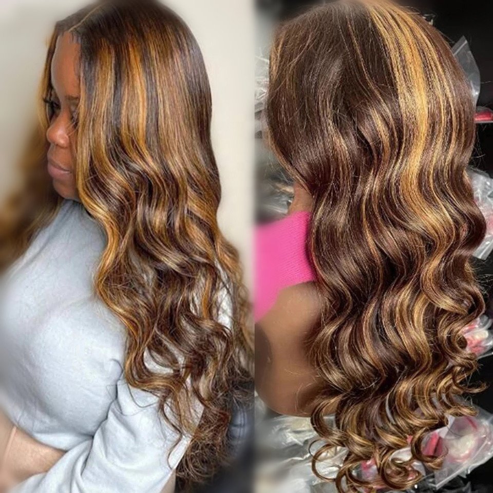 Highlight Human Hair 13x4 Body Wave Lace Front Wig 4x4 Wig for Black Women with Highlight Ombre Blonde Small Long Transparent