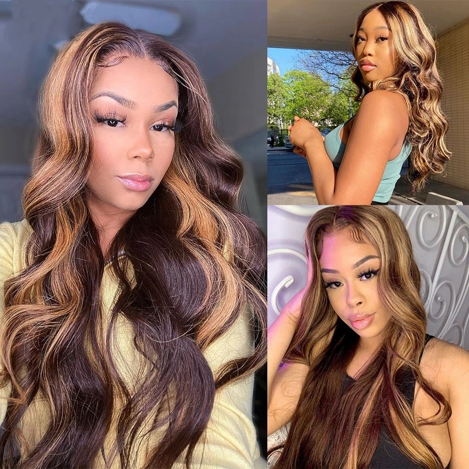 Highlight Human Hair 13x4 Body Wave Lace Front Wig 4x4 Wig for Black Women with Highlight Ombre Blonde Small Long Transparent