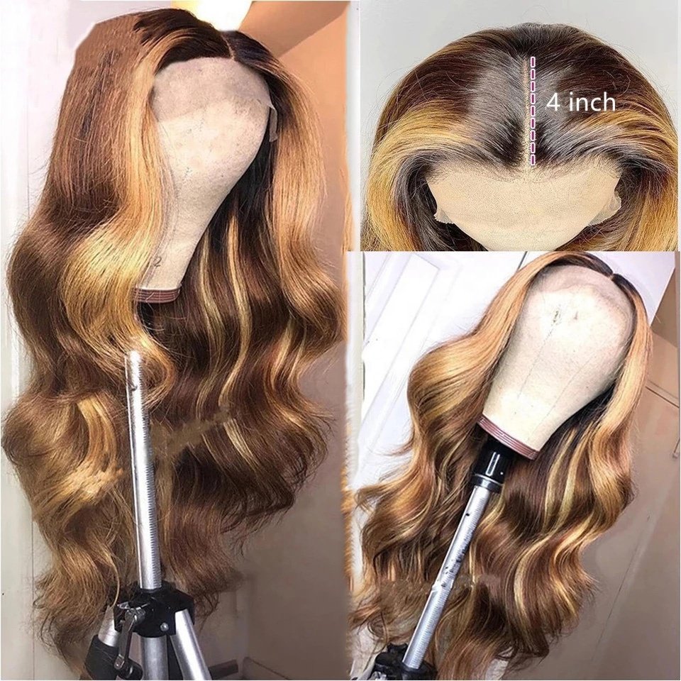 Highlight Human Hair 13x4 Body Wave Lace Front Wig 4x4 Wig for Black Women with Highlight Ombre Blonde Small Long Transparent