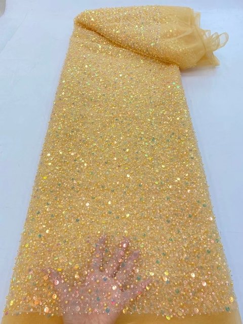 Crystal Sequins Bridal Luxury Embroidery Lace Fabric 22 Colors Sequins Lace Beaded Pearl Bridal Lace For Evening Dress Cloth