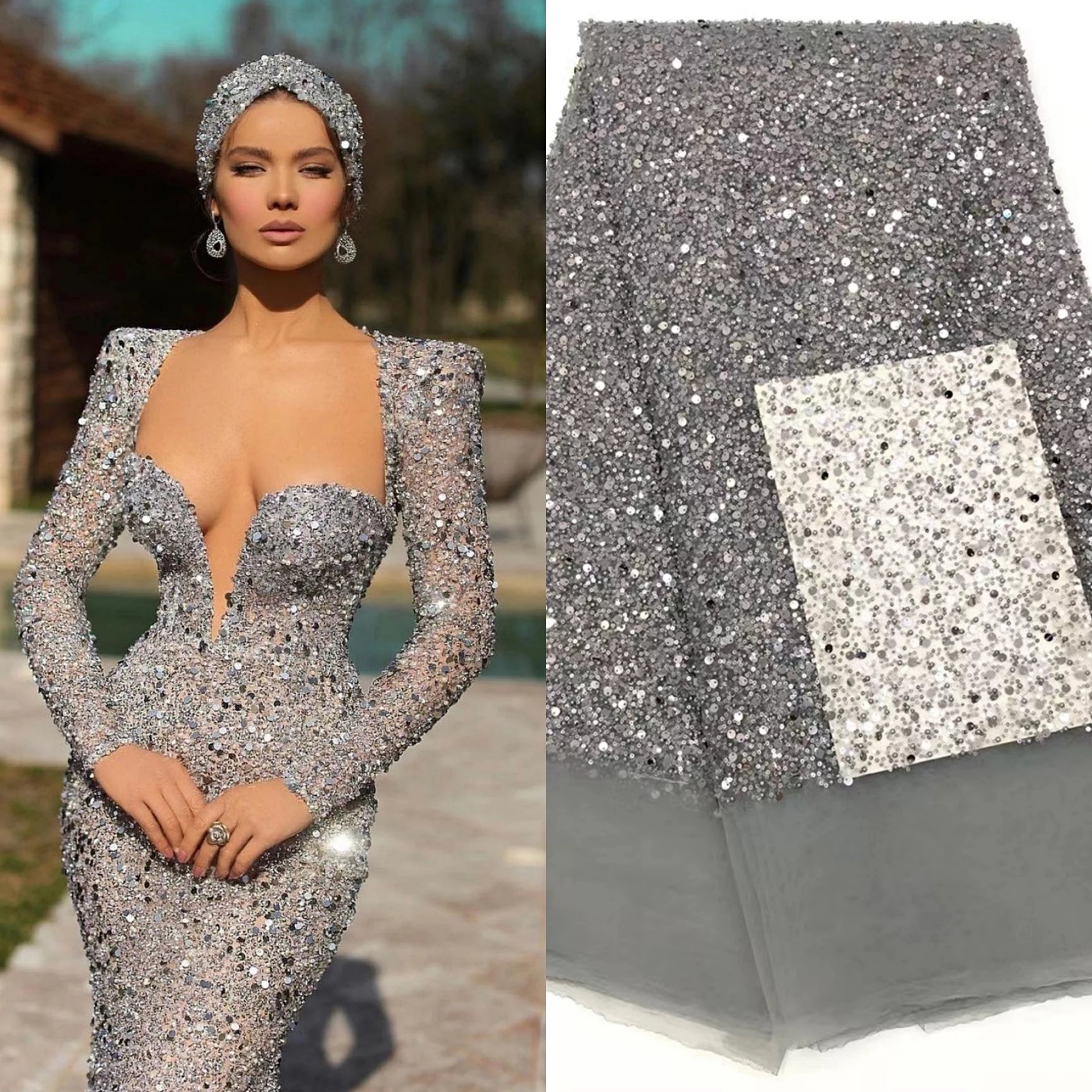 Crystal Sequins Bridal Luxury Embroidery Lace Fabric 22 Colors Sequins Lace Beaded Pearl Bridal Lace For Evening Dress Cloth