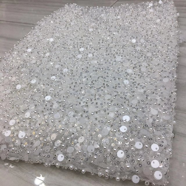 Crystal Sequins Bridal Luxury Embroidery Lace Fabric 22 Colors Sequins Lace Beaded Pearl Bridal Lace For Evening Dress Cloth