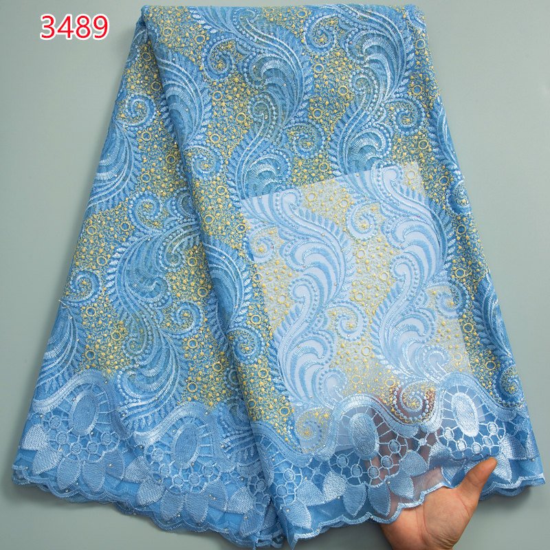 3489 Newly African Tulle Mesh Lace Fabric with Rhinestones Wholesale Shining French Embroidery Lace Fabric for Wedding Dresses