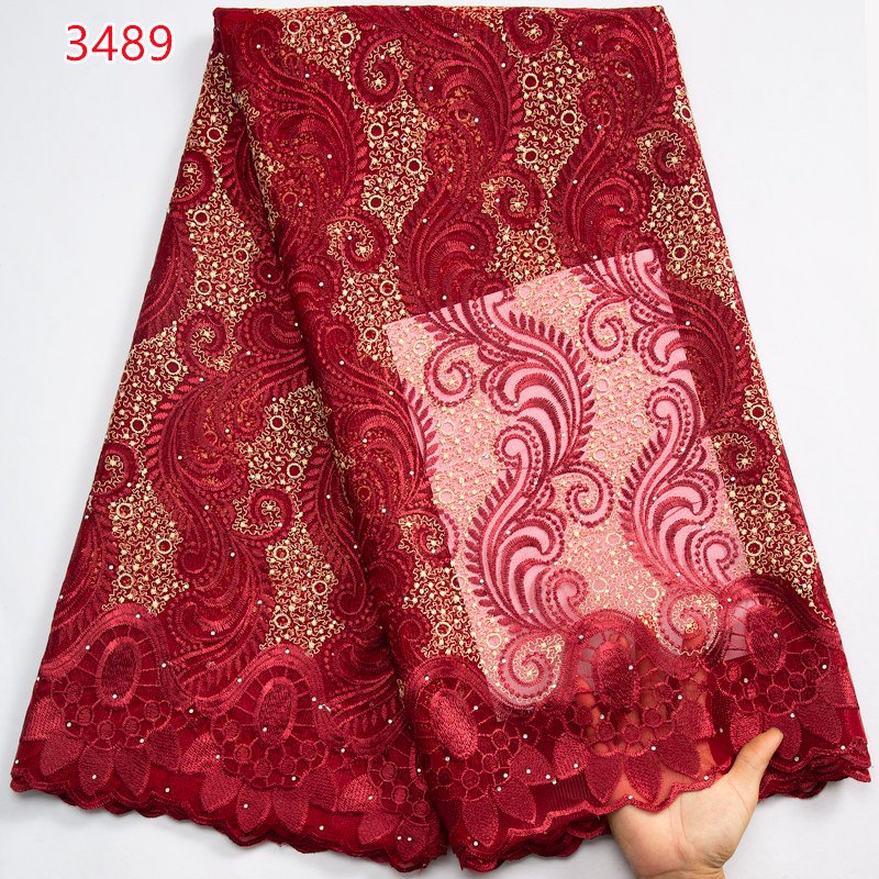 3489 Newly African Tulle Mesh Lace Fabric with Rhinestones Wholesale Shining French Embroidery Lace Fabric for Wedding Dresses