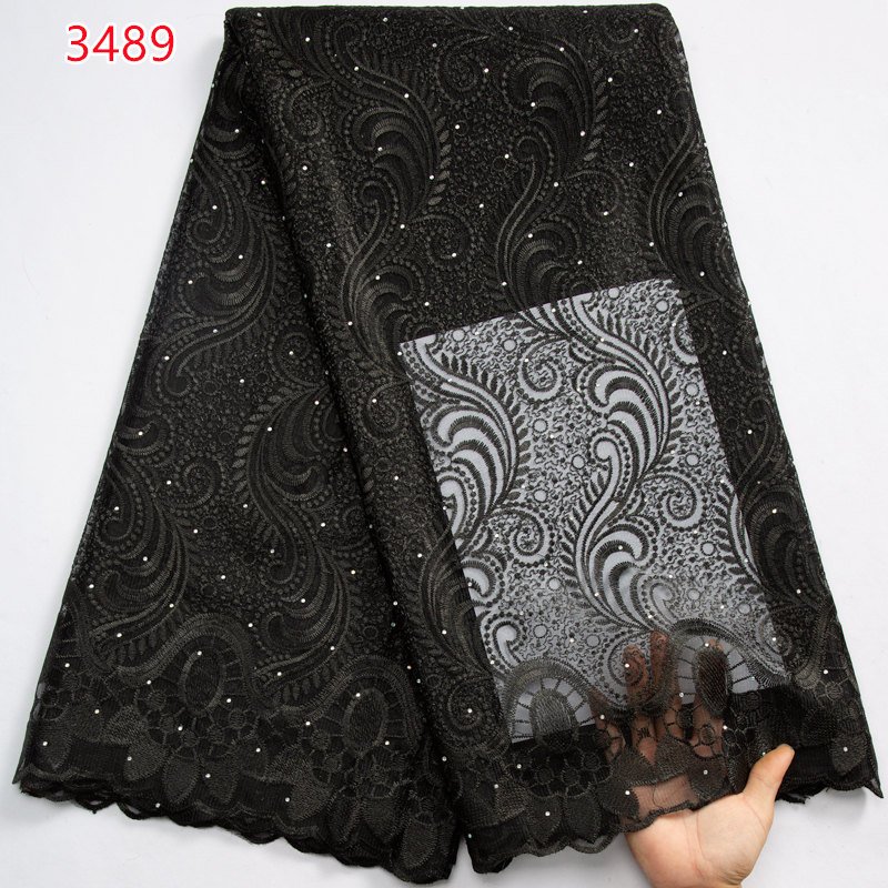 3489 Newly African Tulle Mesh Lace Fabric with Rhinestones Wholesale Shining French Embroidery Lace Fabric for Wedding Dresses