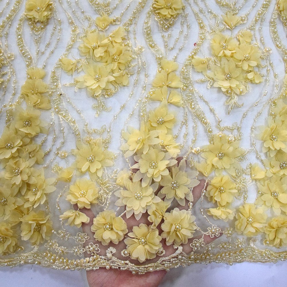 HY0830-4 Yellow lace fabric high quality 3d lace fabric beads bridal wedding dress mesh beaded lace fabric