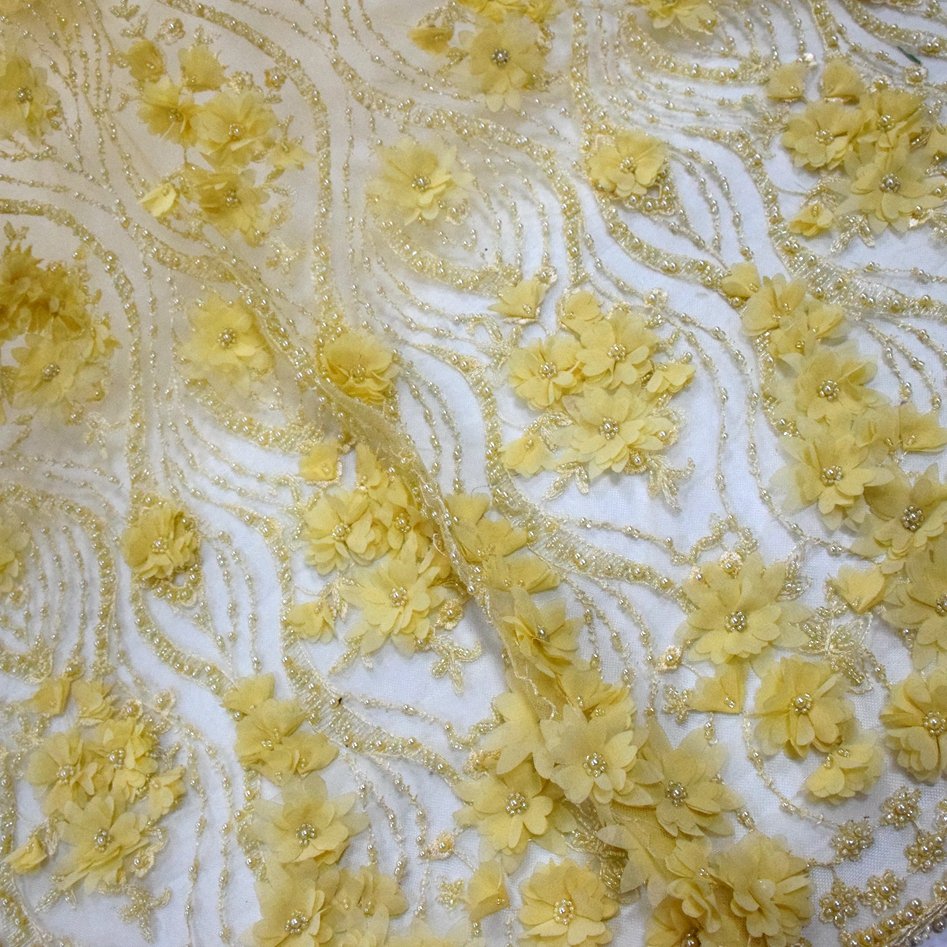 HY0830-4 Yellow lace fabric high quality 3d lace fabric beads bridal wedding dress mesh beaded lace fabric