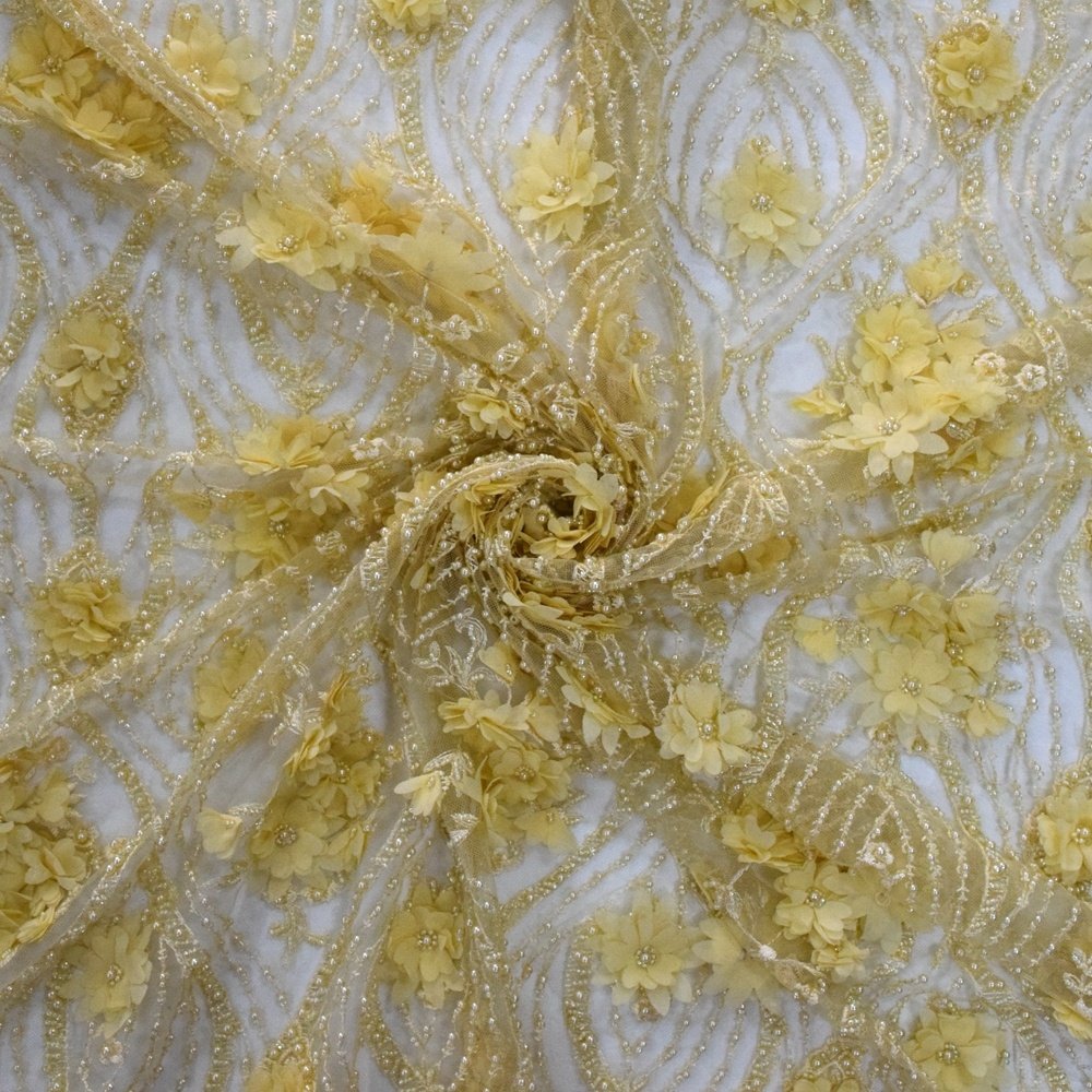 HY0830-4 Yellow lace fabric high quality 3d lace fabric beads bridal wedding dress mesh beaded lace fabric