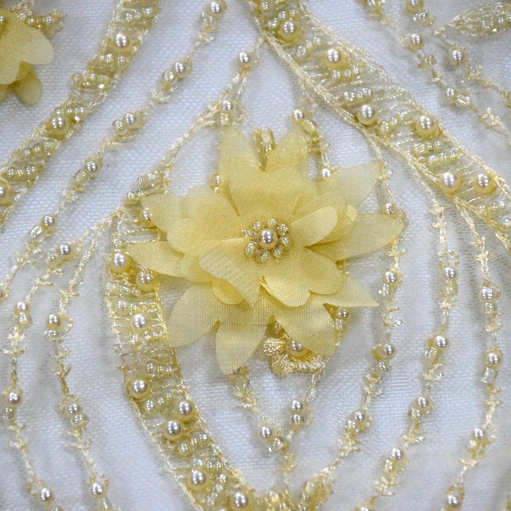 HY0830-4 Yellow lace fabric high quality 3d lace fabric beads bridal wedding dress mesh beaded lace fabric