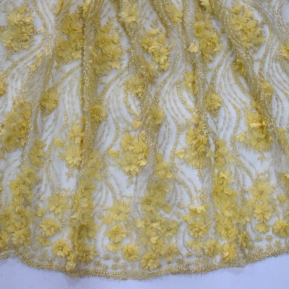 HY0830-4 Yellow lace fabric high quality 3d lace fabric beads bridal wedding dress mesh beaded lace fabric