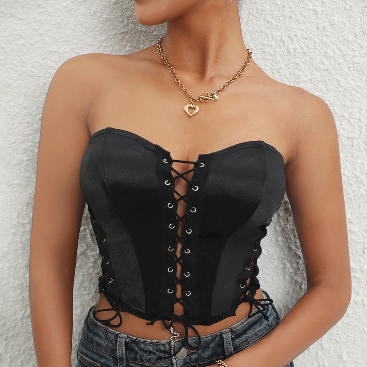 American Cross Lace Up Hollow Waist Wrap Solid Color Cool Spicy Girls' Open Back Versatile Bra