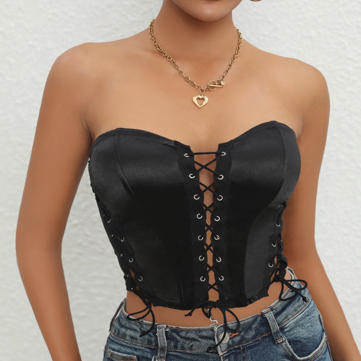 American Cross Lace Up Hollow Waist Wrap Solid Color Cool Spicy Girls' Open Back Versatile Bra