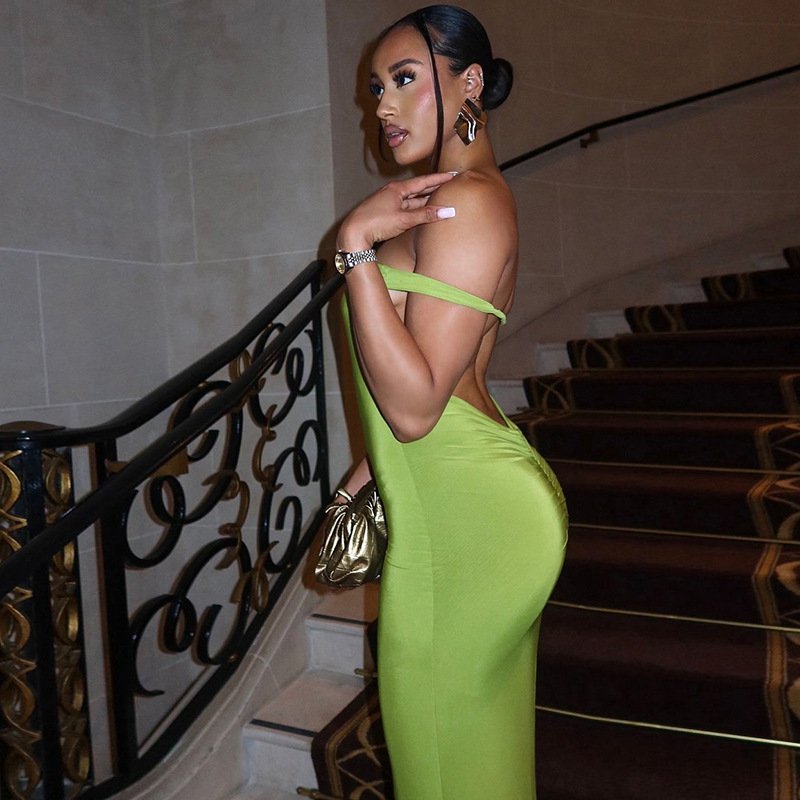 Peeqi K24D53513 fashion 2024 new summer elegant solid color long sleeve backless hollow slim dress sexy maxi dress women lady
