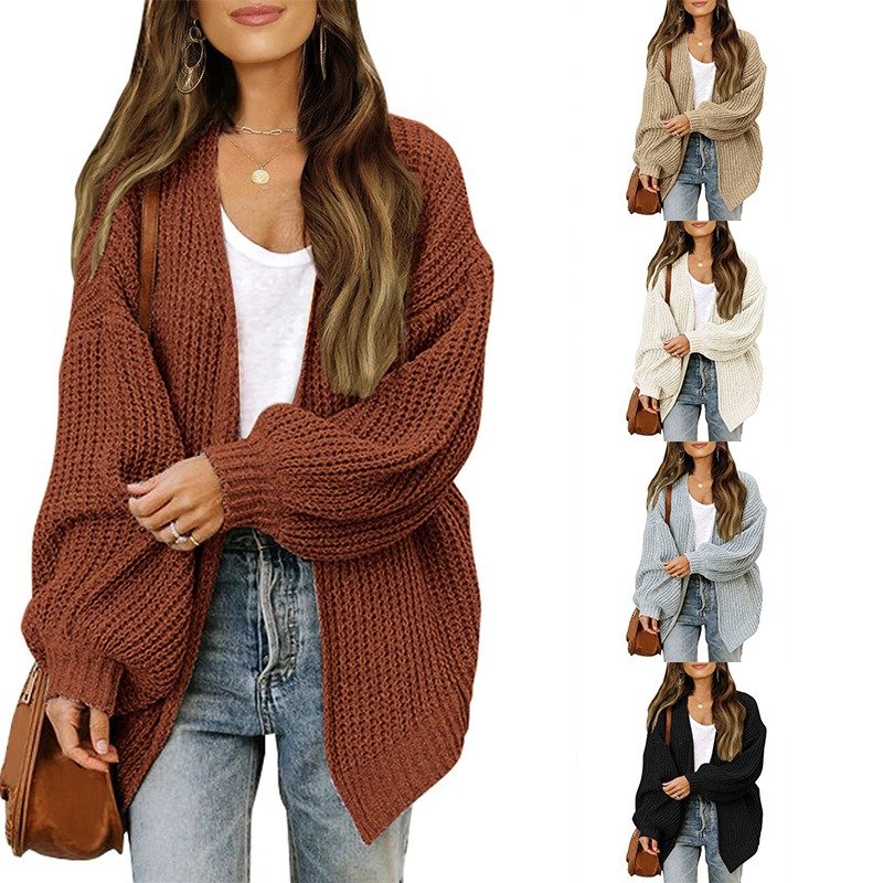 Casual Women's Puff Sleeve Knit Cardigan Autumn Rib Sweater Coat with Pocket Knitted Design