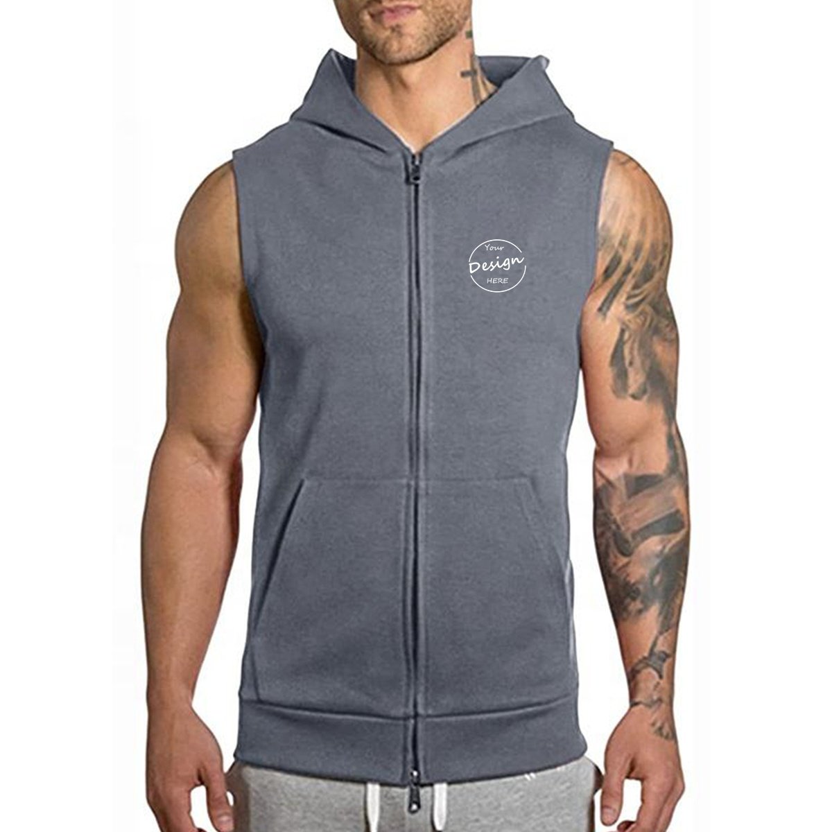 Blank Zipper Vest Workout Hooded Tank Tops Bodybuilding Muscle Men's Sleeveless Gym Hoodie Men Tank Top With Hood