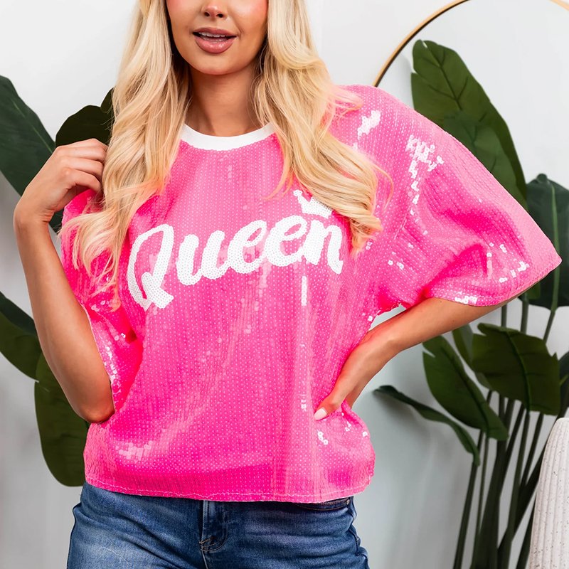Wholesale Custom Sequin Half Sleeve T-Shirt Women Loose Fit Summer Ribbed Crew Neck Drop Shoulder Mesh Knit Tee for Casual Wear
