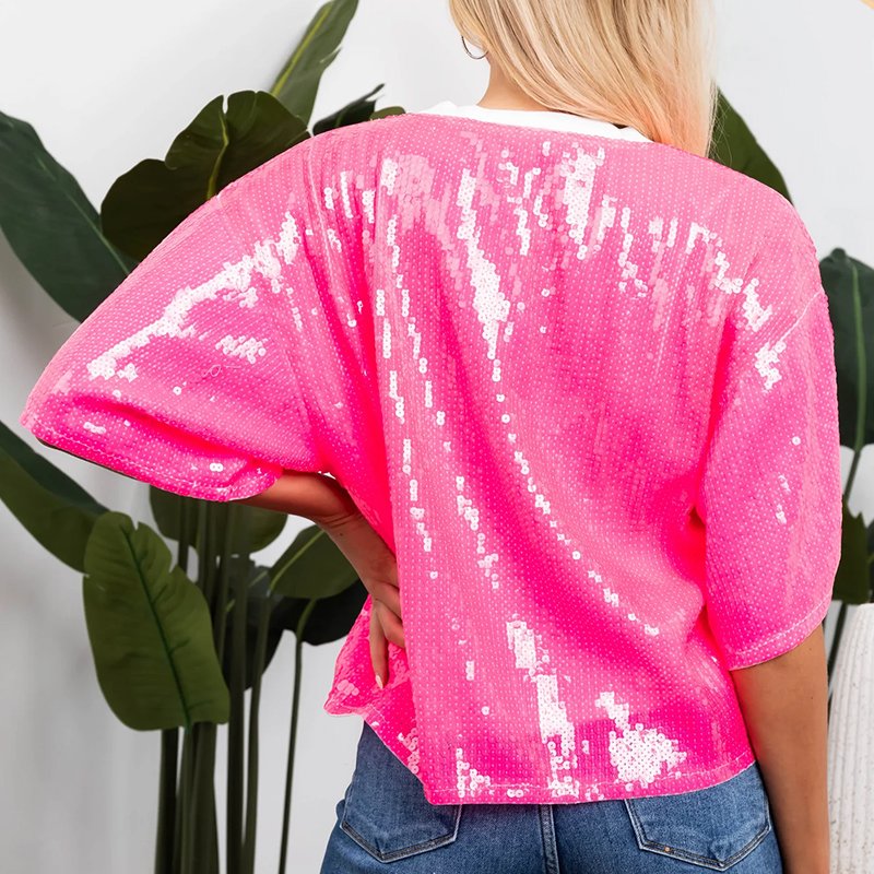 Wholesale Custom Sequin Half Sleeve T-Shirt Women Loose Fit Summer Ribbed Crew Neck Drop Shoulder Mesh Knit Tee for Casual Wear