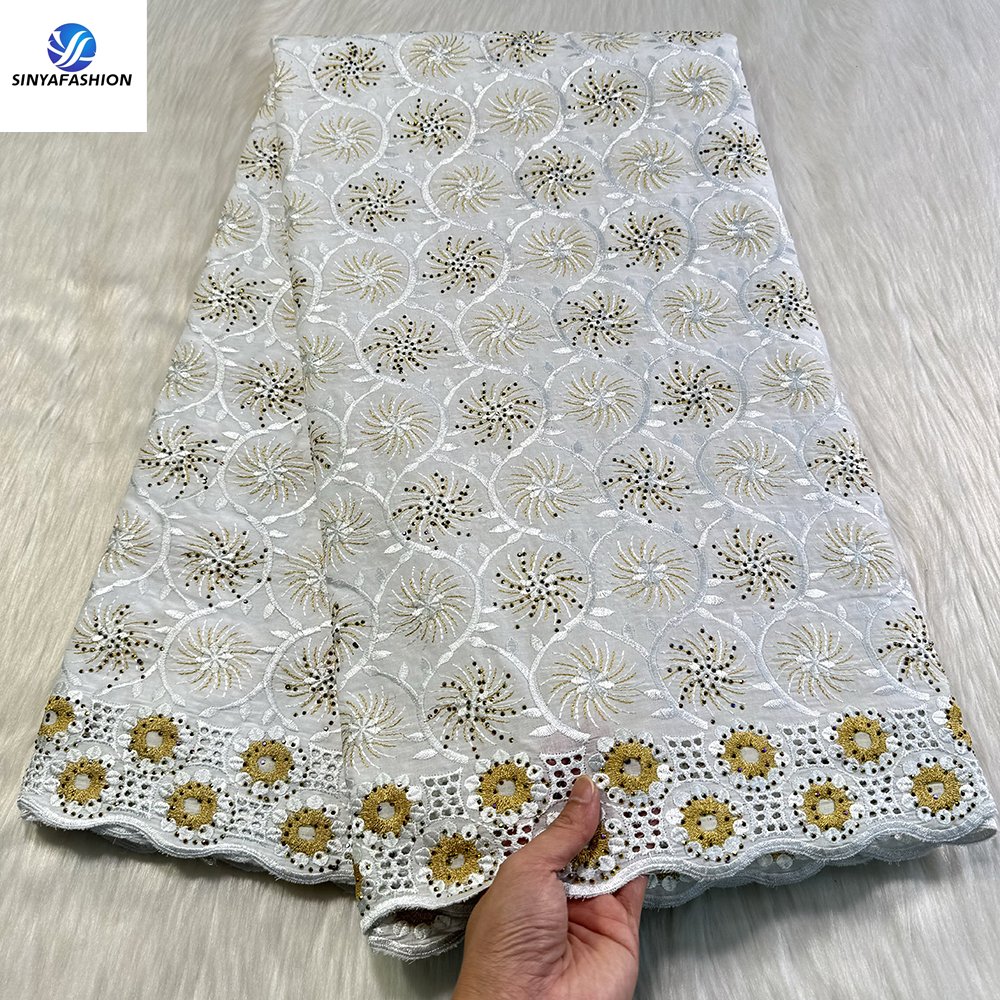 Sinya Nigerian Lace Fabric High Quality 5 Yards Embroidery Stones Austria Swiss Voile Lace In Switzerland 100% Cotton Wedding