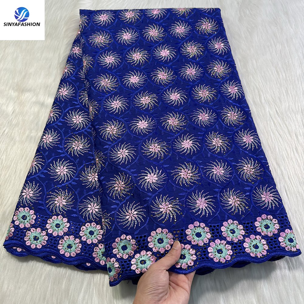 Sinya Nigerian Lace Fabric High Quality 5 Yards Embroidery Stones Austria Swiss Voile Lace In Switzerland 100% Cotton Wedding